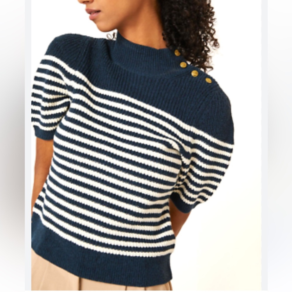 Anthropologie Maeve Diventra Navy Striped Knit Puff-Sleeved Sweater Top-S